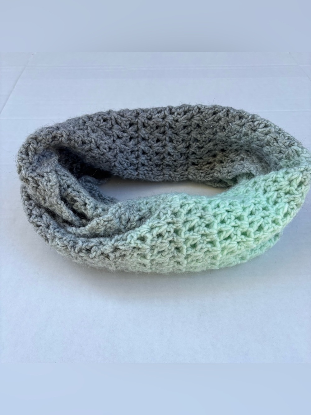 Handknit Handmade Infinity Scarf Gray and Aqua Green Ombré Beautiful!